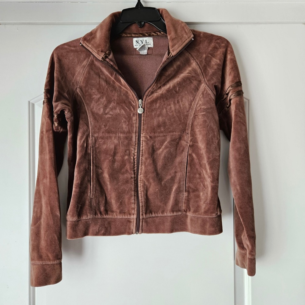 New York Laundry Track Jacket Women Medium Chocolate Brown Velour Y2K Streetwear